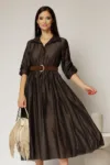 Rochie midi maro intens din tencel si curea maro in talie