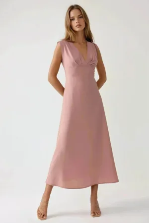 Rochie midi  moale la atingere - decolteu - roz