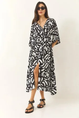 Rochie midi -  model abstract - decolteu in V - viscoza -