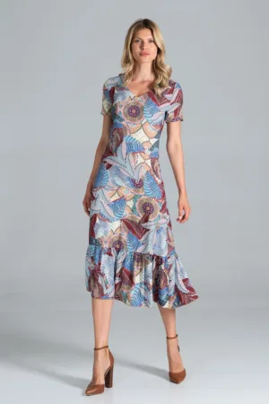 Rochie midi model cu maneci scurte - vara - multicolor - poliester