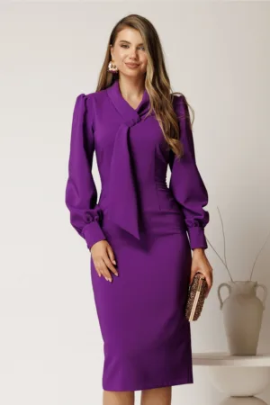 Rochie midi mov conica din stofa cu guler tip esarfa