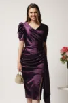 Rochie midi mov conica din tafta cu fronseu