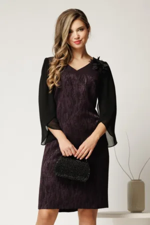 Rochie midi mov de ocazie cu fir lurex si floare