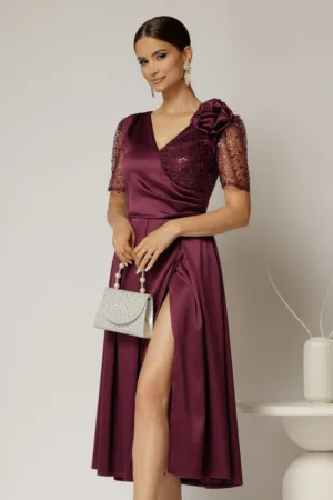 Rochie midi mov de ocazie din tafta si paiete