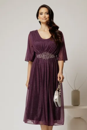 Rochie midi mov de ocazie din voal cu sclipici si accesoriu talie