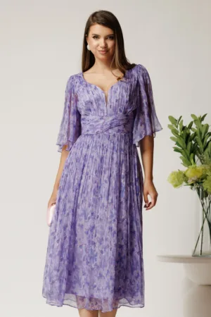 Rochie midi mov din matase naturala cu imprimeuri florale