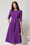 Rochie midi mov din stofa in clos cu floare in talie