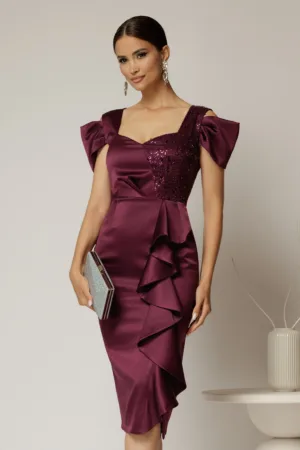Rochie midi mov din tafta cu paiete si volanas pe fusta