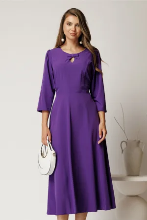 Rochie midi mov din viscoza in clos cu funda si decupaj la decolteu