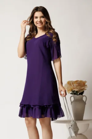 Rochie midi mov din voal cu croi drept si volan la baza