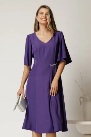 Rochie midi mov din voal cu croi in clini si strasuri in talie