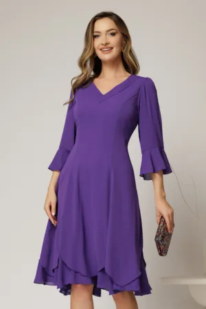 Rochie midi mov din voal cu croi lejer si decolteu in V