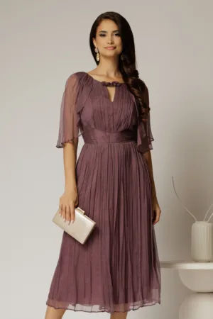Rochie midi mov prafuit din matase cu detaliu floral si decolteu V