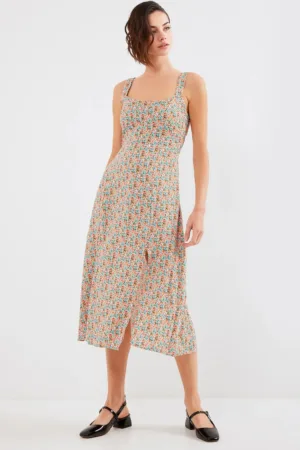 Rochie midi HiCCUP - mulata - cu guler patrat - crapatura eleganta - multicolor - viscoza