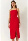 Rochie midi mulata  cu guler patrat si crapatura - rosie - poliester-bumbac