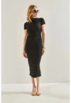 Rochie midi mulata cu volane  negru - jerseu de bumbac