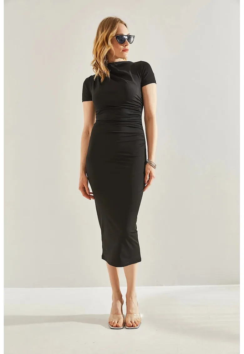 Rochie midi mulata cu volane  negru - jerseu de bumbac