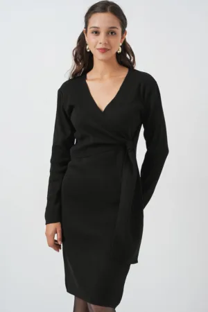Rochie midi  mulata - decolteu in V - tricot - Negru -