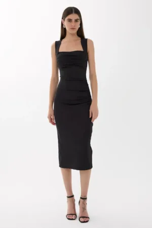 Rochie midi -  mulata - decolteu patrat - neagra - jerseu