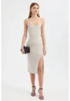 Rochie midi mulata -  decolteu rotund - bretele spaghetti - crapatura laterala - bej - jerseu