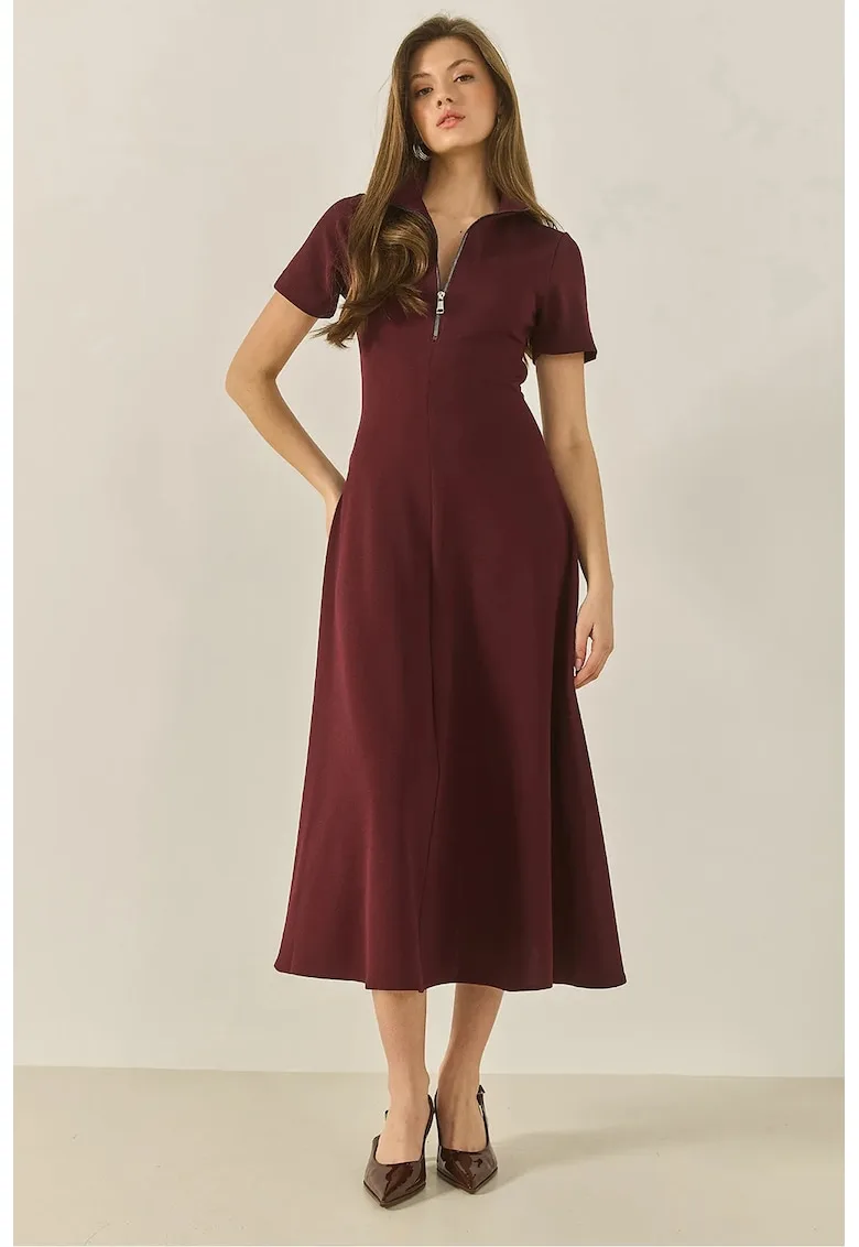 Rochie midi mulata  guler cu fermoar - rosu - poliester-elastan