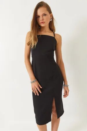 Rochie midi mulata  guler patrat - crapatura - negru - textil -