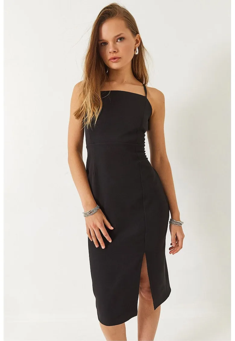 Rochie midi mulata  guler patrat - crapatura - negru - textil -