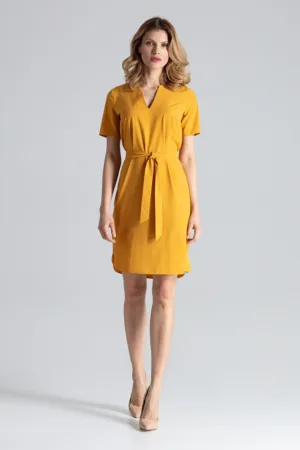 Rochie midi mustar galben - maneci scurte - poliester -