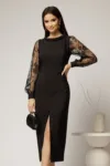 Rochie midi neagra conica cu maneci din dantela si guler barcuta