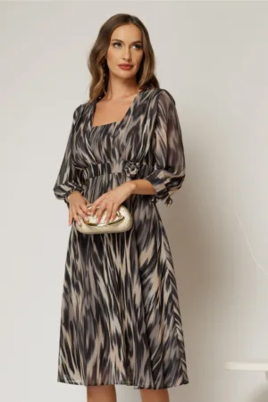 Rochie midi neagra cu bej de zi din voal cu imprimeuri