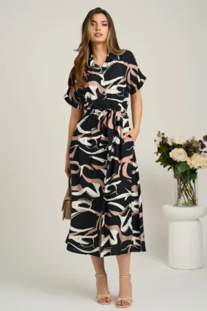 Rochie midi neagra cu bej din viscoza in clini cu nasturi si cordon in talie