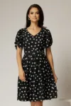 Rochie midi neagra cu buline albe din voal si cordon detasabil