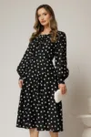 Rochie midi neagra cu buline din voal plin cu volanase la bust