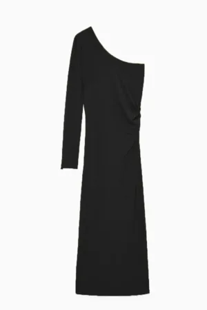 Rochie midi neagra - cu croiala pe un umar - maneca lunga si drapaj lateral subtil