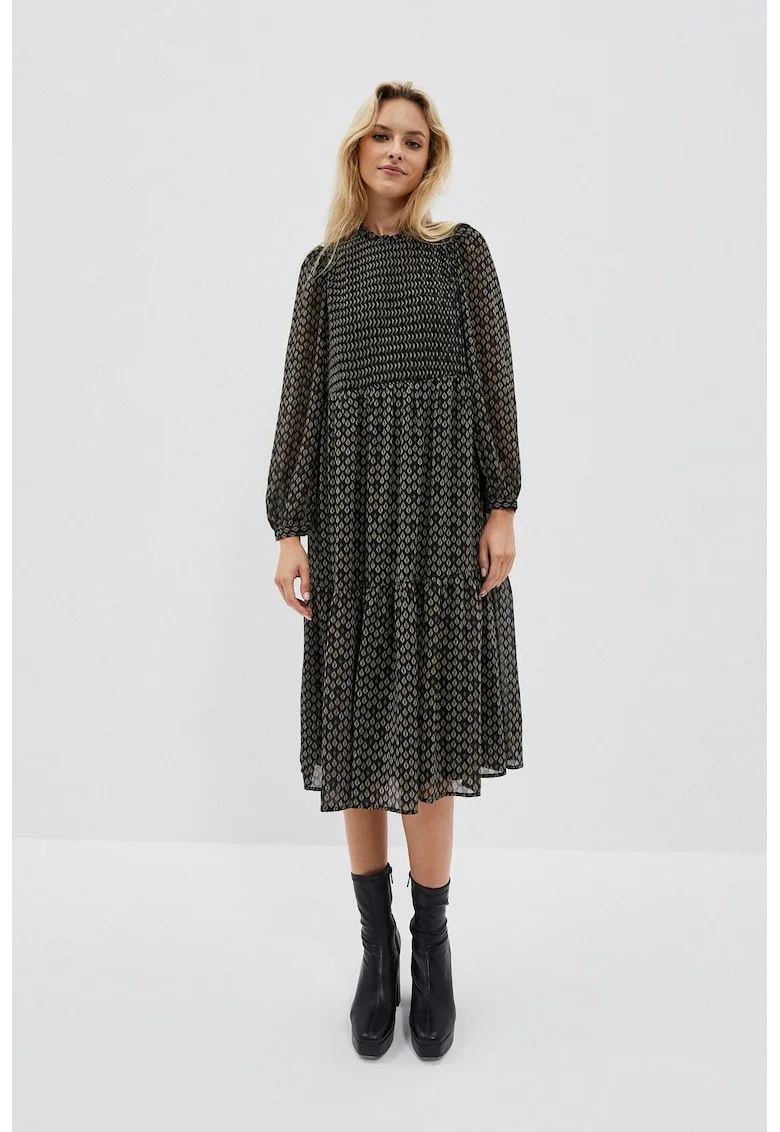 Rochie midi neagra cu imprimeu si volane