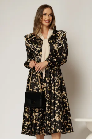Rochie midi neagra cu imprimeuri bej si guler tip esarfa