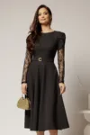 Rochie midi neagra cu maneci din dantela si cordon detasabil
