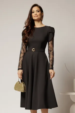 Rochie midi neagra cu maneci din dantela si cordon detasabil