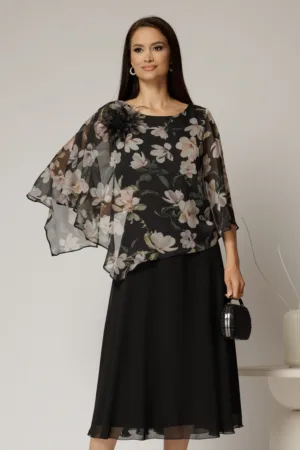 Rochie midi neagra cu voal cu imprimeuri bej