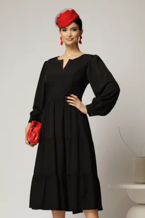 Rochie midi neagra cu volan la fusta si decolteu discret in V