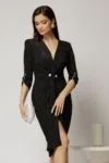 Rochie midi neagra de ocazie cu fir lurex si perla in talie