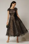 Rochie midi neagra de ocazie din dantela cu paiete si perle