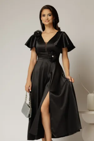 Rochie midi neagra de ocazie din tafta cu maneci evazate si decolteu adanc
