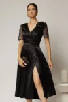 Rochie midi neagra de ocazie din tafta si paiete