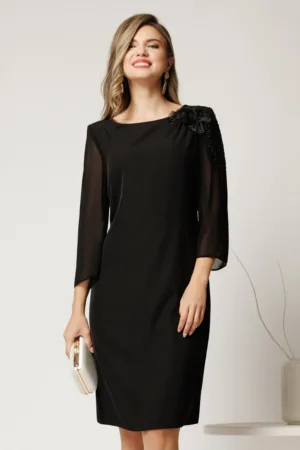 Rochie midi neagra de ocazie din triplu voal cu detalii la umar