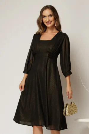 Rochie midi neagra de ocazie din voal cu pelicula
