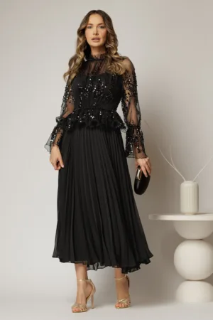 Rochie midi neagra de seara din voal plisat cu perle si paiete