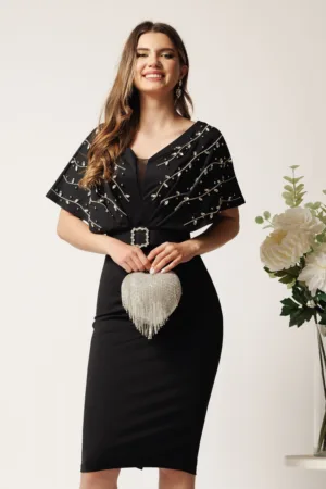 Rochie midi neagra din neopren conica cu strasuri pe bust si curea in talie