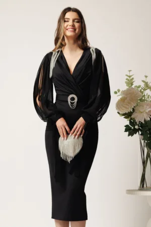 Rochie midi neagra din neopren cu franjuri din strasuri la umeri si curea in talie