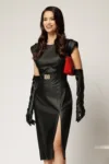 Rochie midi neagra din piele ecologica cu croi conic si curea in talie